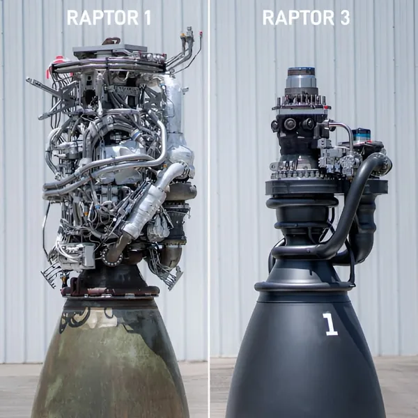 Two rocket engines side by side, the newer one far simpler.