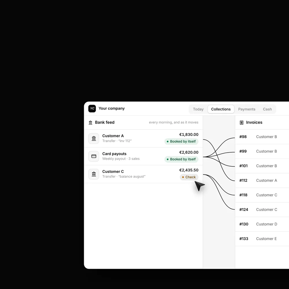 A bank feed on the left, invoices on the right, each payment drawn to its invoice