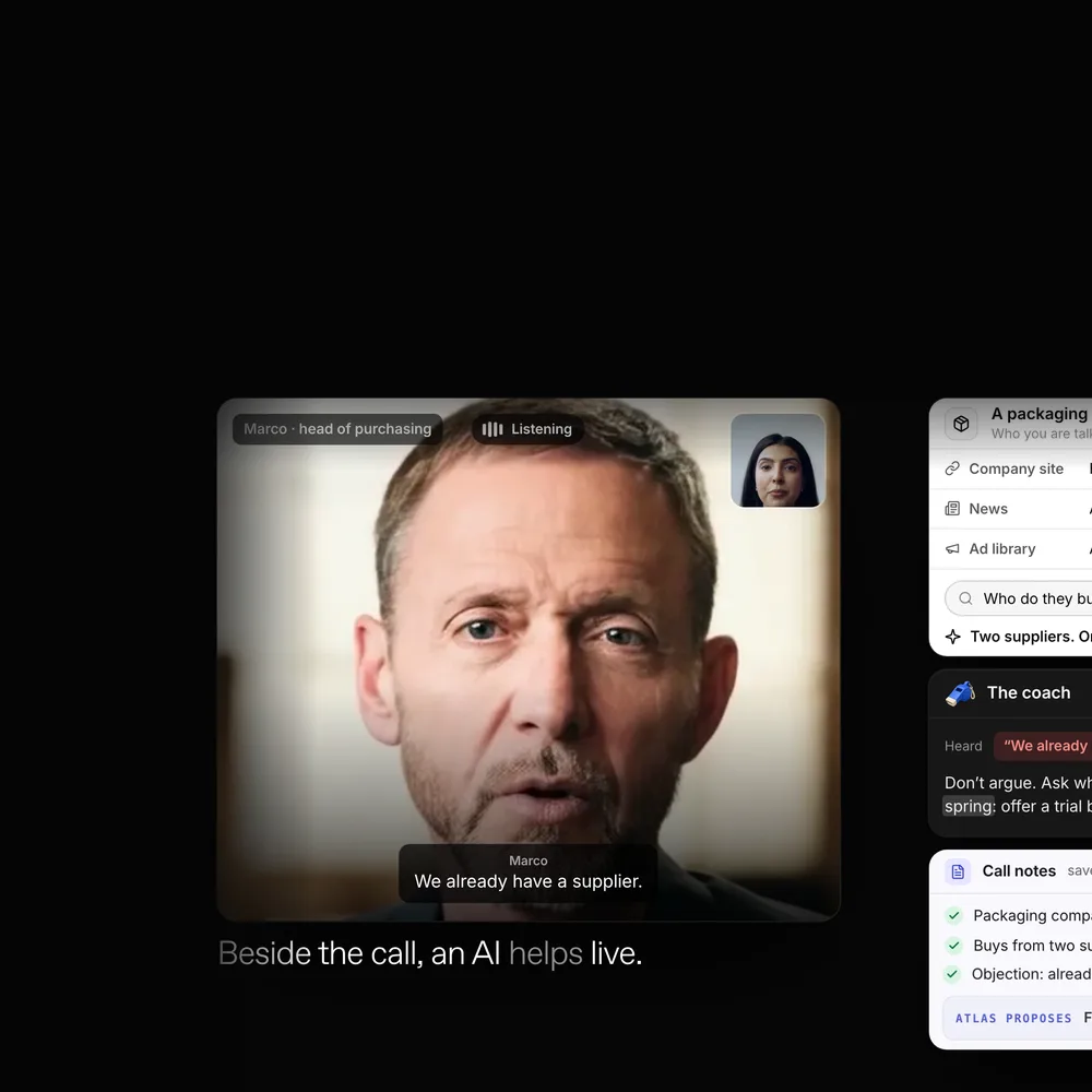 A video call with a buyer, and beside it a panel with the company’s facts, the coach’s answer and the call notes