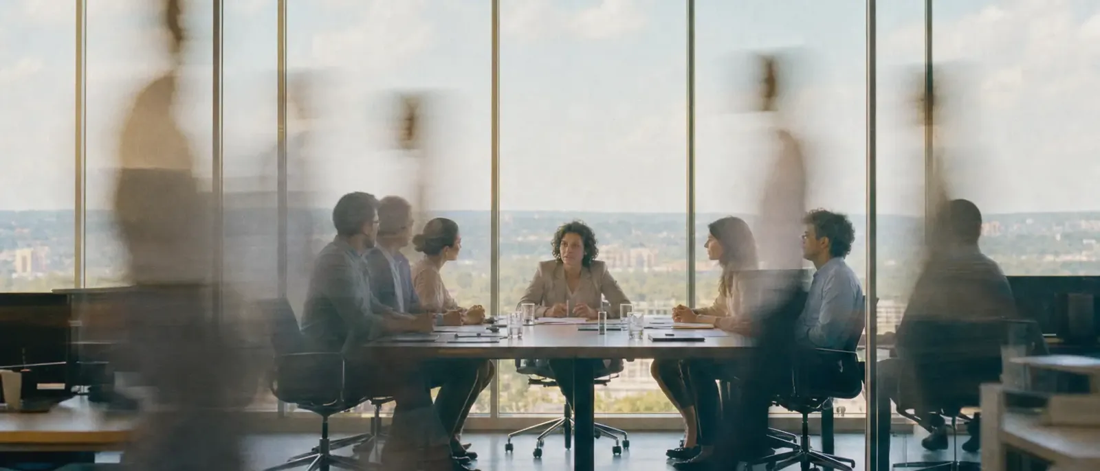 A meeting around a table in a glass office, people walking past in a blur