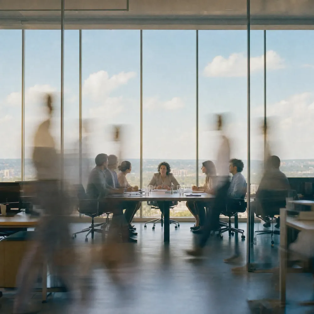 A meeting around a table in a glass office, people walking past in a blur