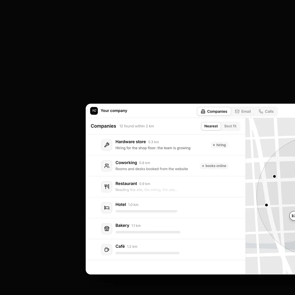 A list of companies nearby beside a map of the area around your office